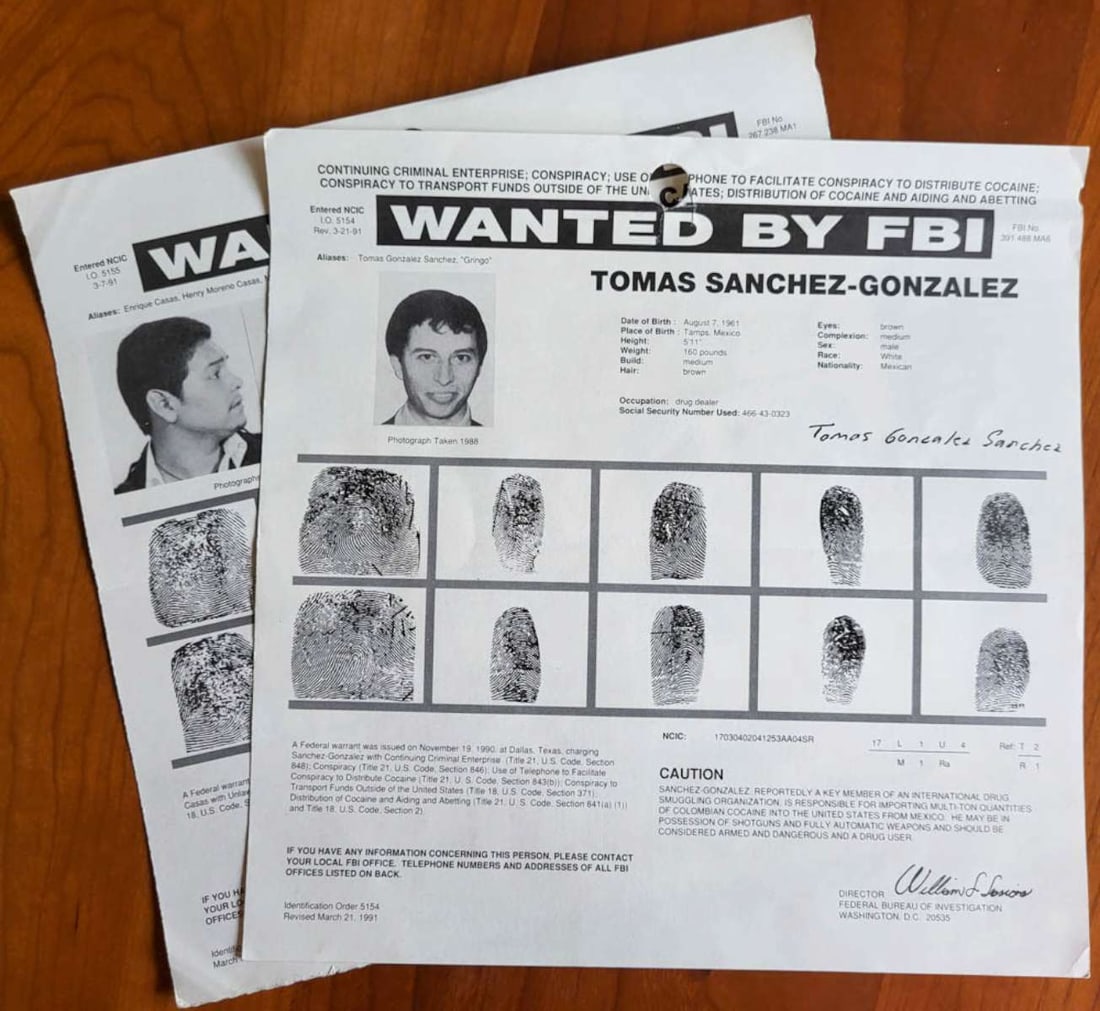 two original FBI wanted posters DRUGS and MURDER: This is a pair of original FBI wanted posters, both from 1991, for two Hispanic men. The first is for Tomas Sanchez-Gonzales, who was being sought for Cocaine related crimes and the