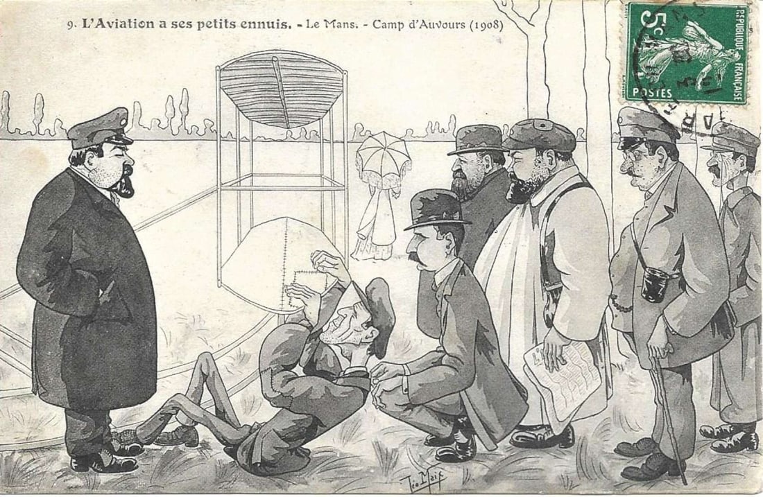 1908 aviation Wilbur Wright brothers caricature postcard: This is an original and highly uncommon caricature postcard showing Wilbur Wright at Le Mans with Leon Bollee standing on the left. Bollee constructed the airplane for Wilbur at his automobile factory