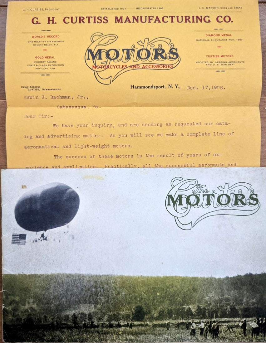 1908 Curtiss aviation motorcycle motors catalog plus factory letter (1 of 13)
