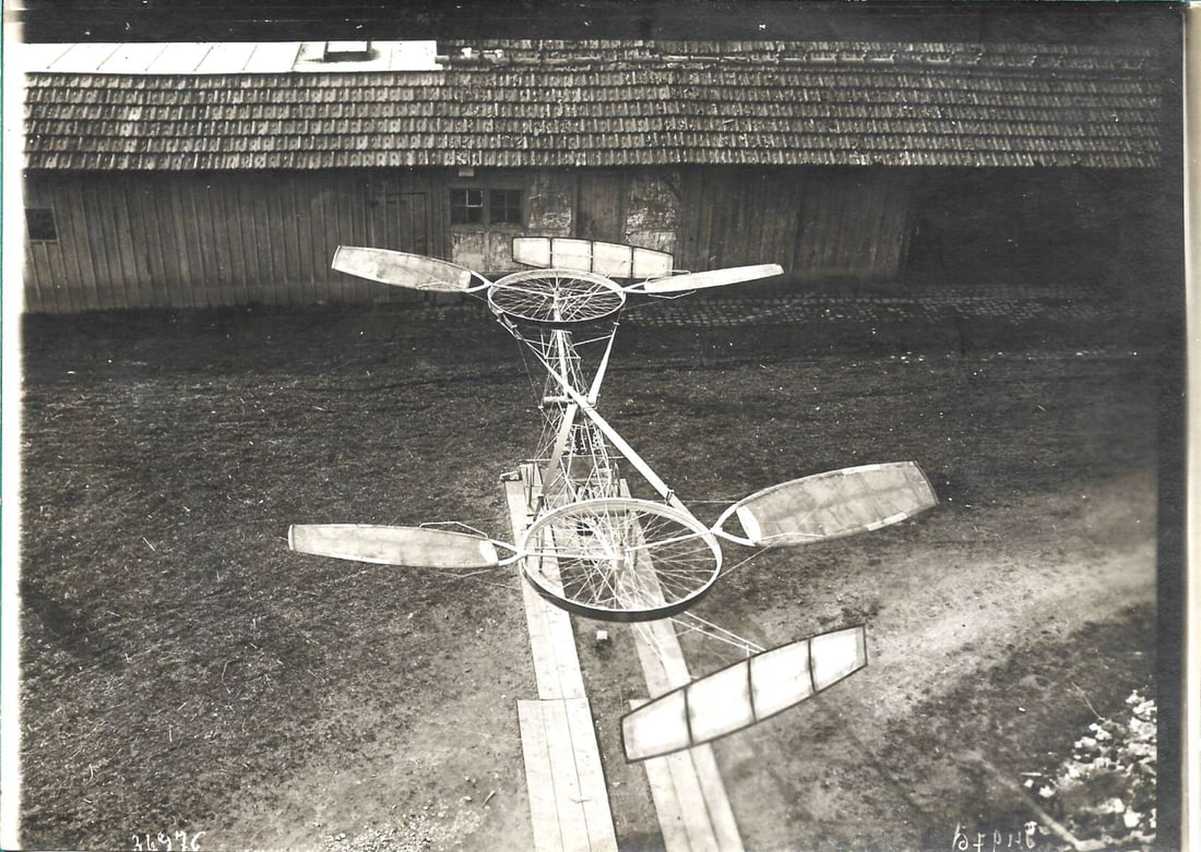 1908 aviation worlds first helicopter Cornu: This is an original 1908 photograph of the Cornu helicopter. Although not very successful, it was, nevertheless, the first serious attempt at a helicopter flying machine in history. 