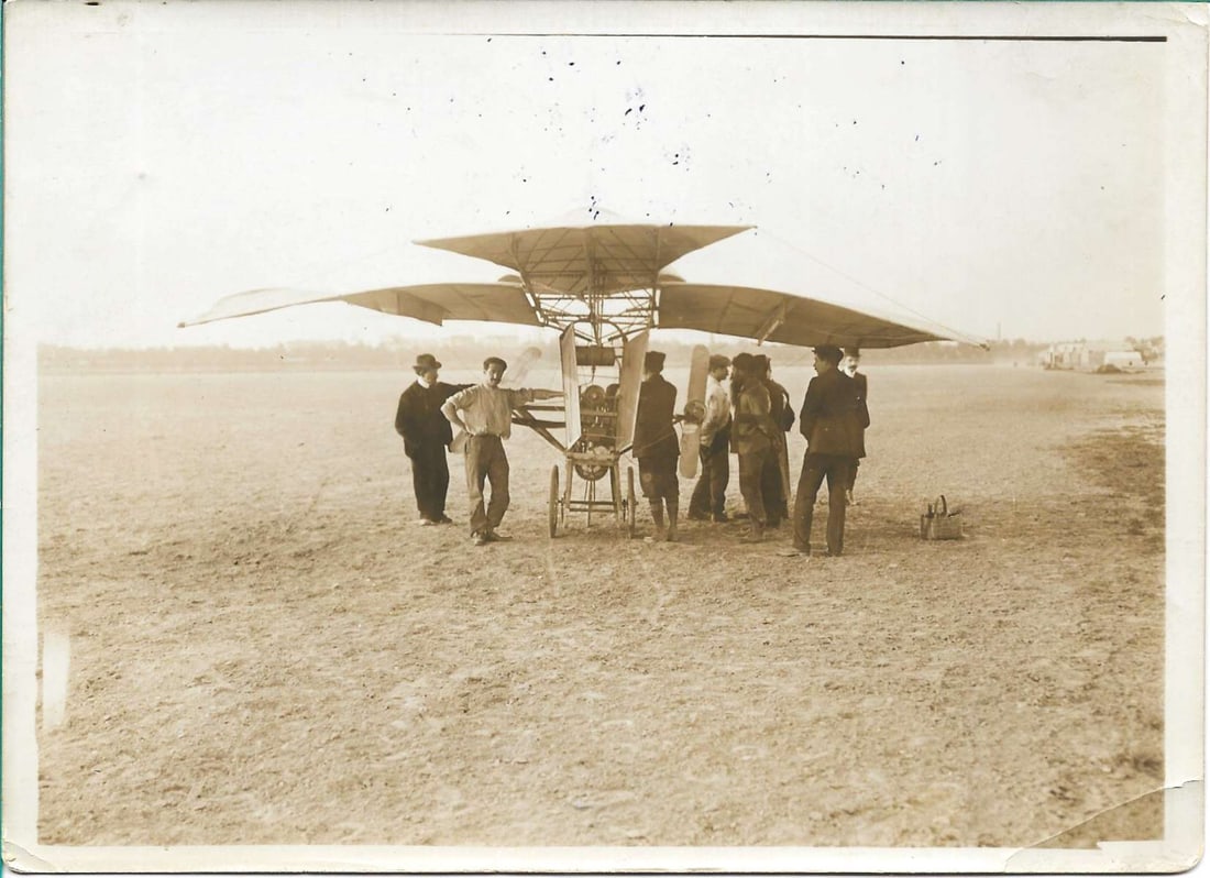 ca. 1908 aviation strange experimental airplane rare: This is a rare original circa 1910 photograph of the strange experimental tailless Stoeckel airplane with 12 H.P. Revel motor. Very little information exists about this highly obscure flying machine. 