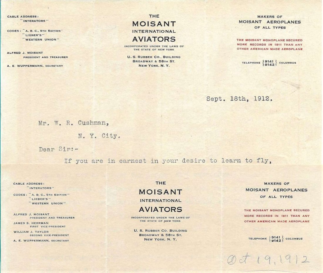 1912 aviation letters from Moisant aviators rare (1 of 5)