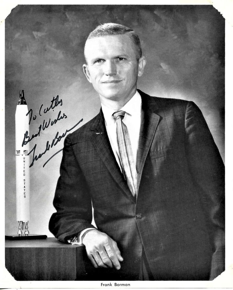 NASA astronaut Frank Borman signed photograph: Colonel Frank Borman NASA Astronaut led the first team of American astronauts to circle the moon, extending man's horizons into space. He is internationally known as Commander of the 1968 A