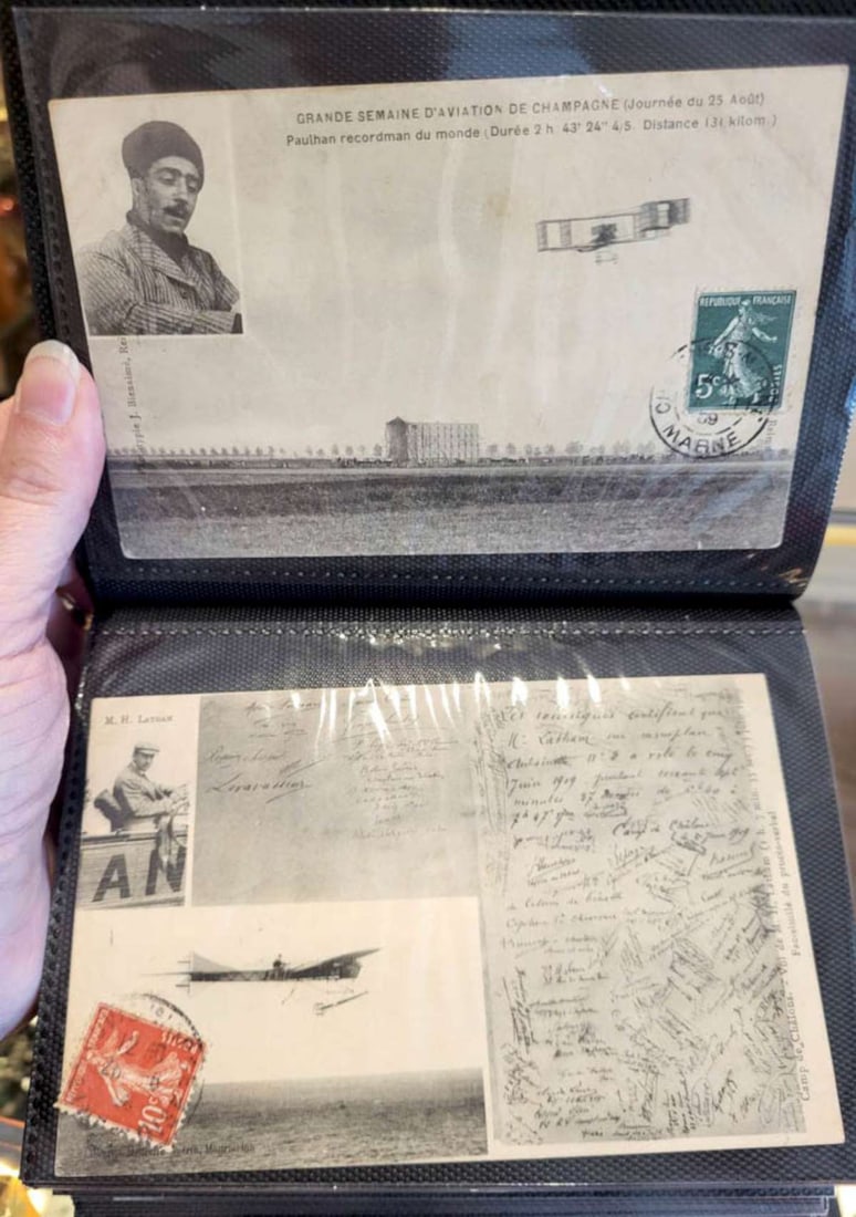 lot of 40 antique early aviation postcards: set or lot of 40 antique pre-WWI or World War 1 French postcards depicting early aviation airplanes and pilots, some stamped and with wax seal, photos taken with cards in a plastic sleeve