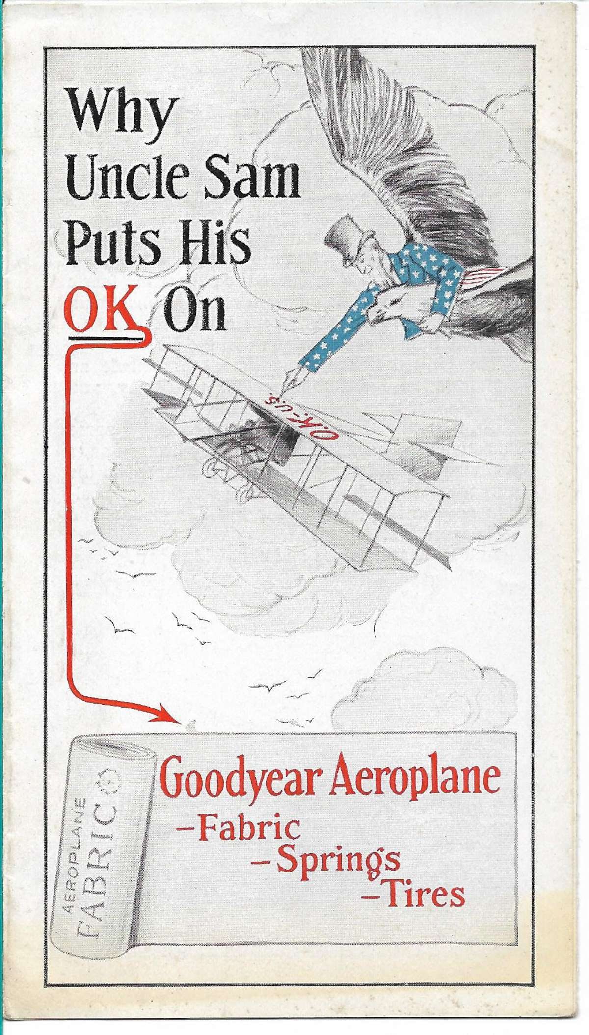 rare antique Good Year aviation ephemera: very rare little 1913 brochure for GoodYear Aeroplane Fabric, Springs and Tires, one of those impossible-to-find pieces of antique pioneer aviation history, has 8 sides with 4 illust