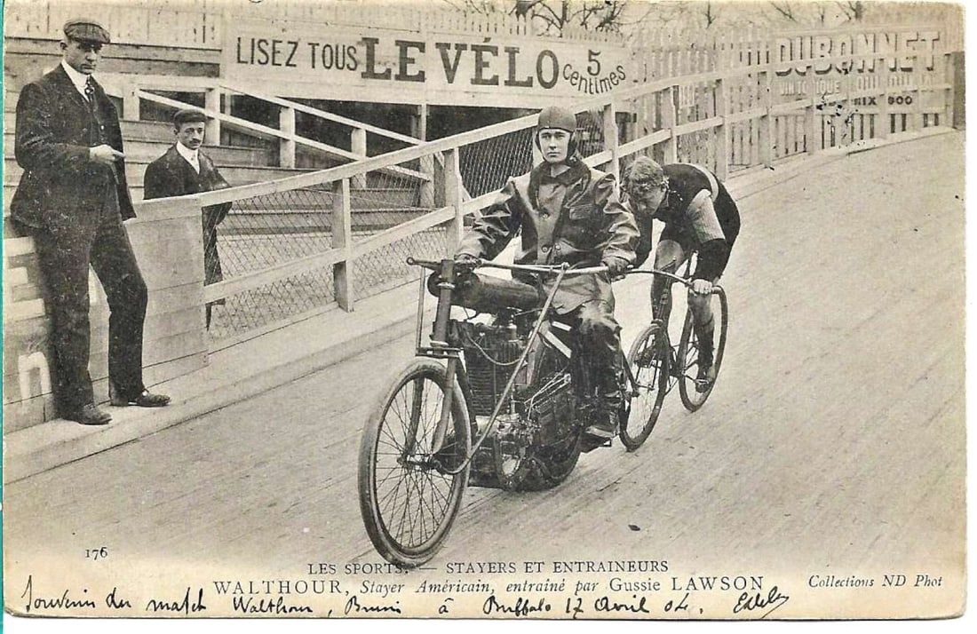1904 motorcycle racer photo postcard: This rare original postcard is of French motorcycle racer Walthour who was a "stayer" or pacesetter for a bicycle racer directly behind him. It's stamped and postmarked 1904.5 1/2 x 3 1