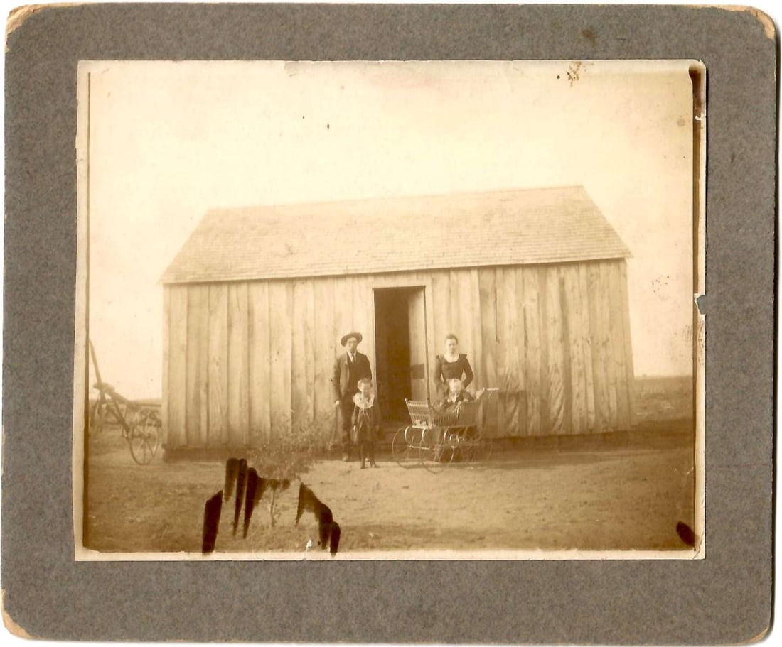 antique mounted photograph pioneer cabin Oklahoma Territory: This is a scarce century old sepia mounted photograph of pioneer settlers in what was then still called Oklahoma Territory! The photographer's stamp is on the back. 6 x 5 inches total