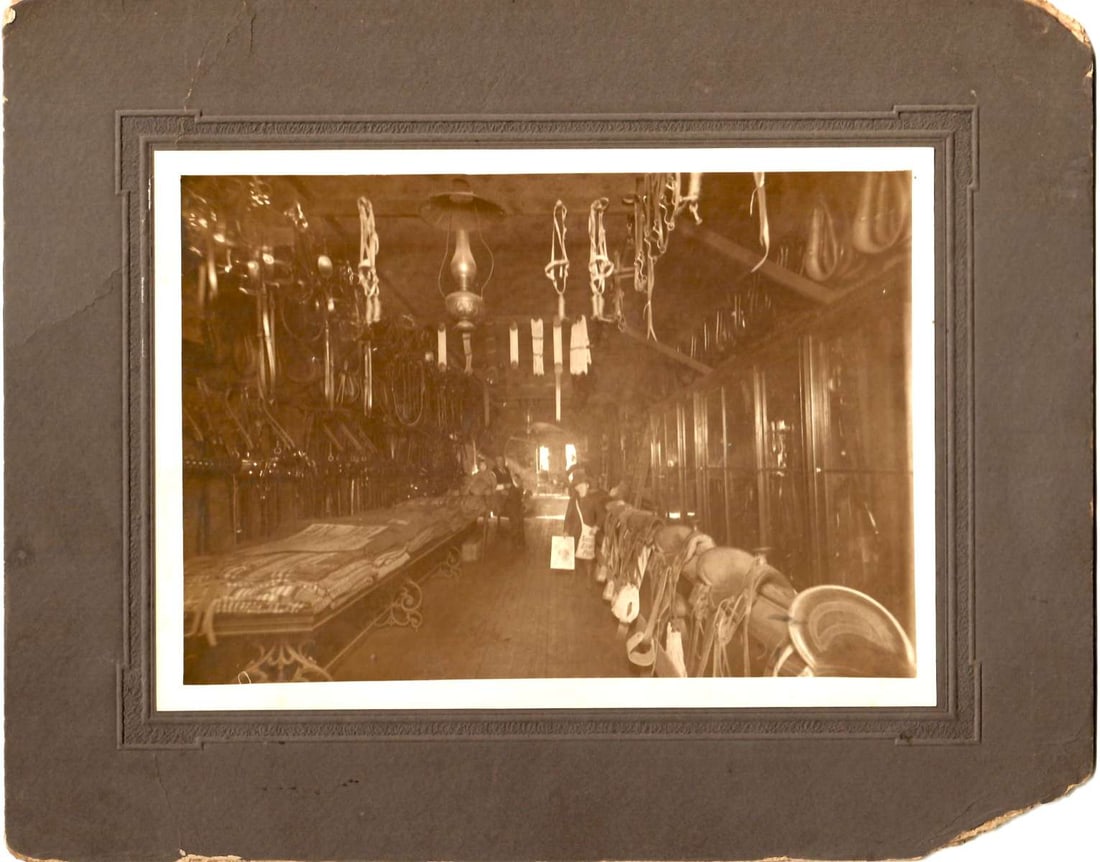antique 1906 mounted photograph of harnass bridle saddle shop (1 of 2)