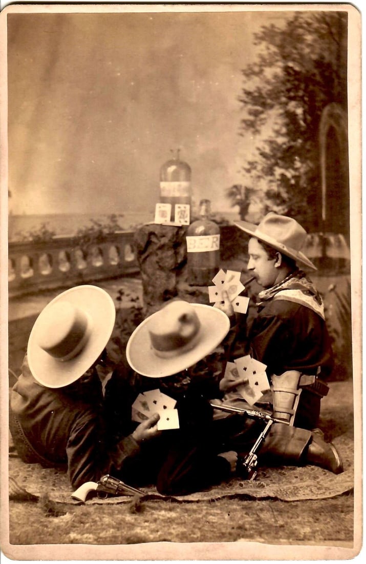 1 of 3 antique cabinet photograph of 3 cowboys Kansas: This is a scarce circa century old cabinet photo of CDV of three cowboys armed with weapons: guns or revolvers, taken in the photographer's studio of Vancil and McDonald in the infamous wild west town