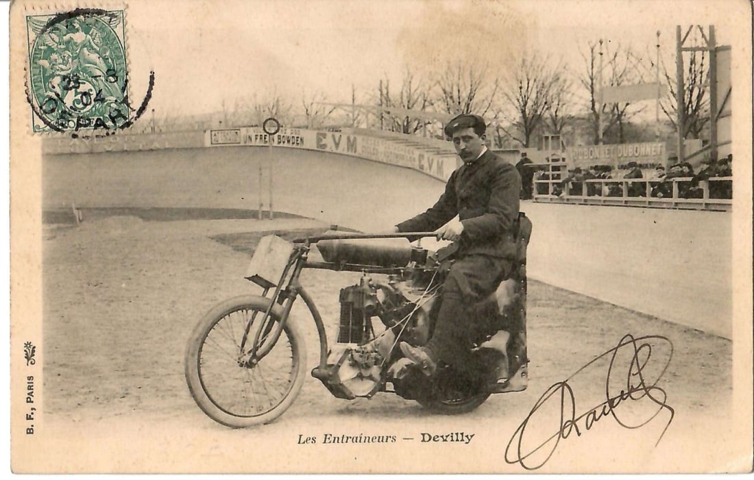 1904 motorcycle racer photo postcard: This is an antique 121 year old real photo postcard or rppc (French) of Devilly seated on his racing motorcycle.standard postcard size