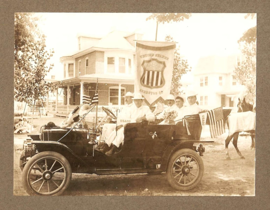 antique mounted photograph of US Asbestos Co. Car: This is a very uncommon circa 100 year old mounted sepia photograph of the U.S. Asbestos Company automobile with banner. 12 x 10 inches total