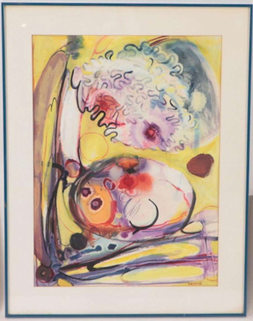 large MCM Abstract Expressionism painting: large matted and framed Mid Century Modern painting signed Swinand lower right (possibly for Pennsylvania/Massachusetts artist Susan Swinand) in the Abstract Expressionist style and with watercolor an