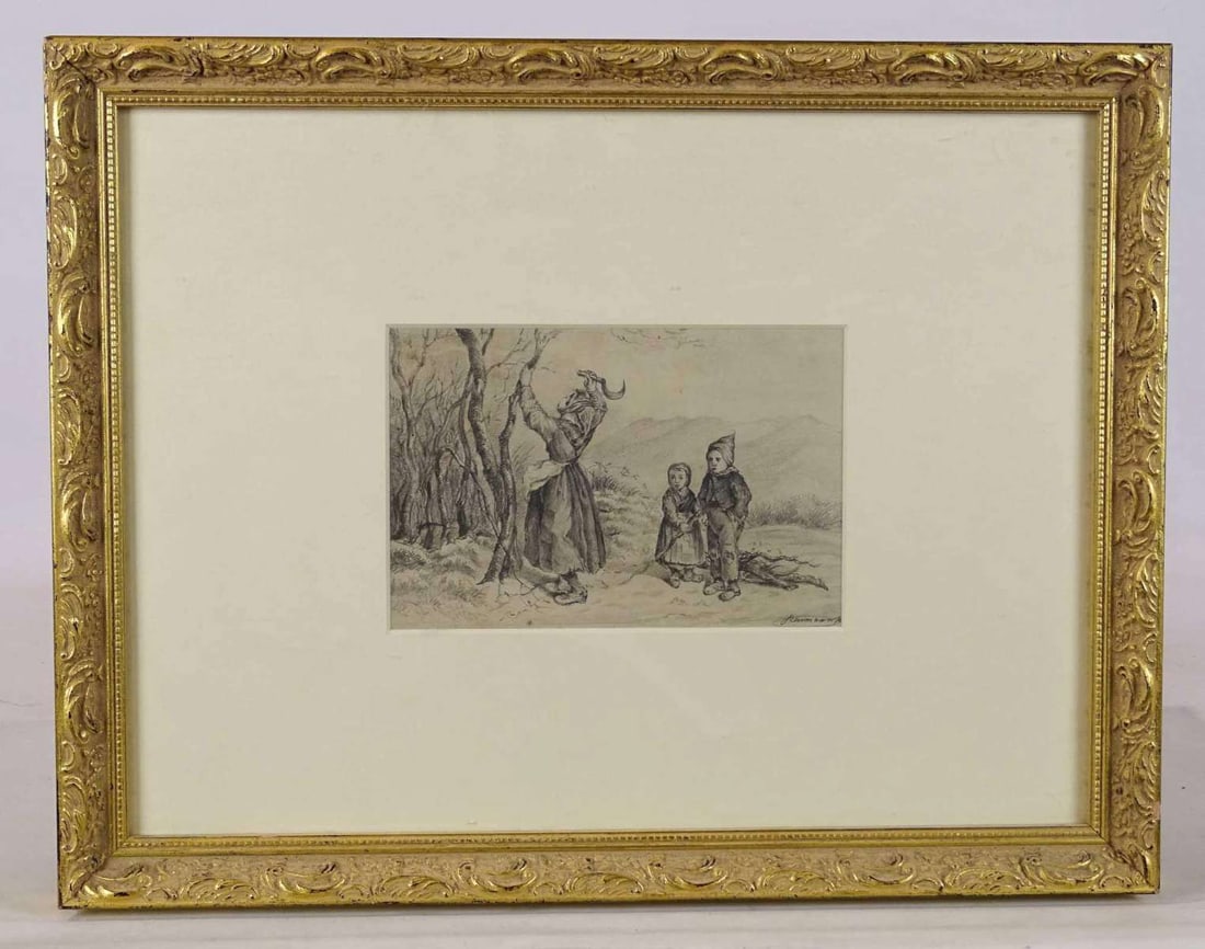 antique original pencil drawing peasants: beautifully carved and gilt wooden frame with matte and original pencil drawing depicting a farmer woman or peasant cutting firewood from a tree with a scythe and two children collecting her twigs&com