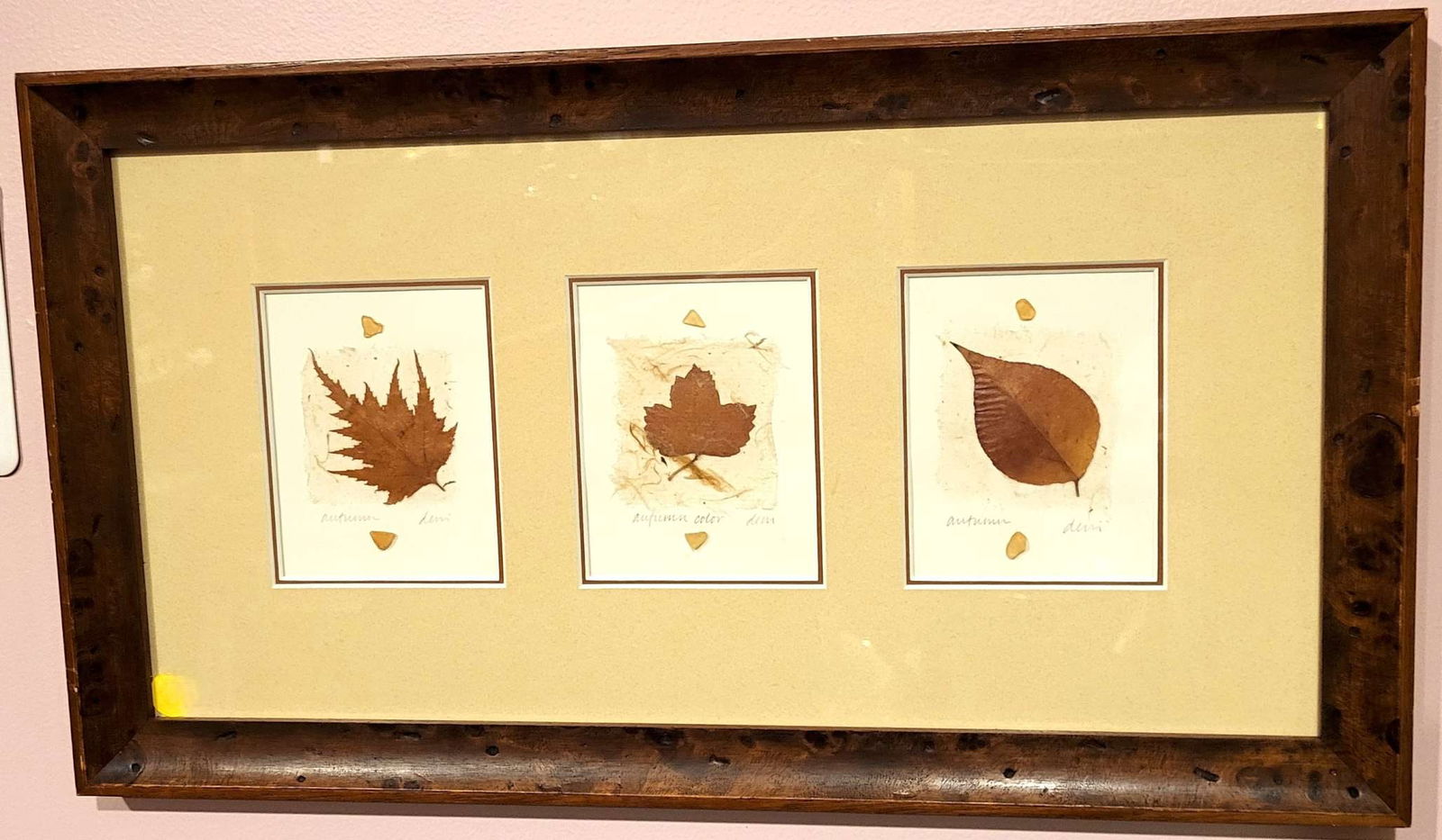 Modern style original artwork by Deni Newey: beautifully frame in burl wooden frame and custom double matted with 3 fiver or paper collages with leaves, named Autumn Color and signed in pencil Deni, back has info on the artist Deni N