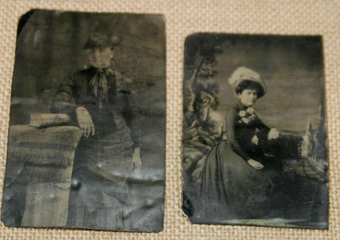 pair antique tintype photographs: set or lot of two ca. 1890's tintype photographs, both black and white portraits of fancy ladies donning hats and gorgeous dresses, the one with a hat on the back of June 1894 and ill