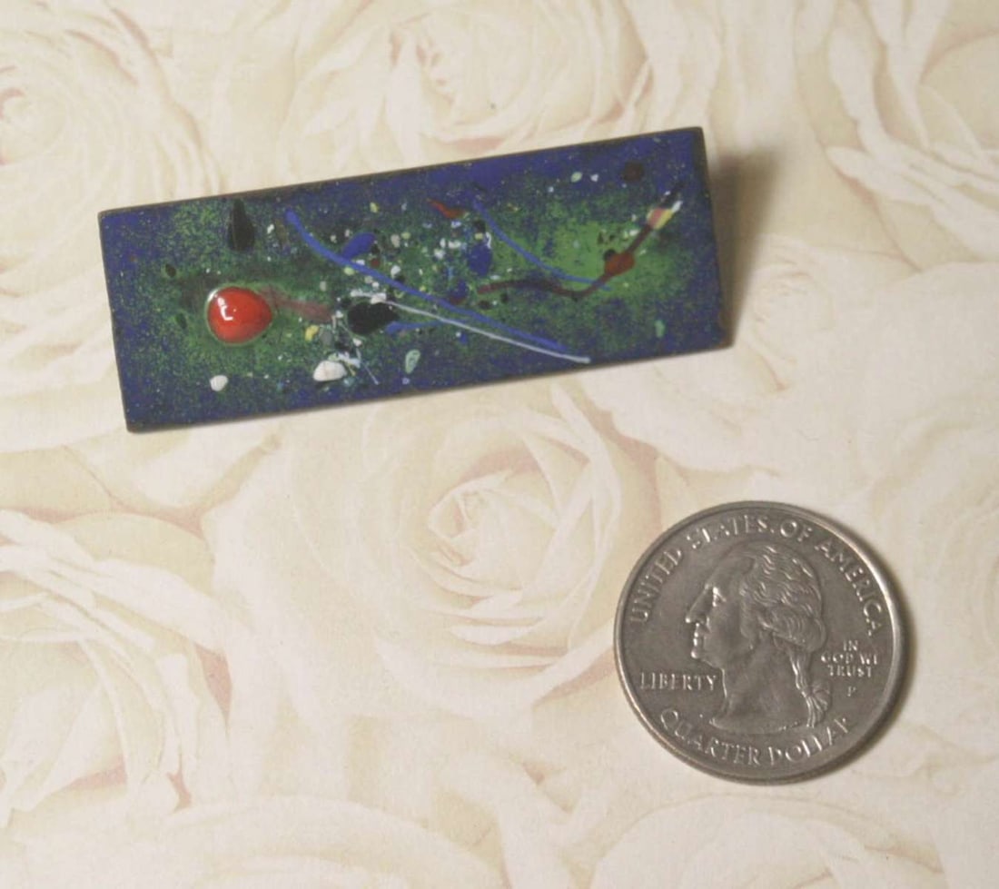 vintage estate jewelry: MCM pin brooch: vintage Mid Century Modern, Brutalist or Space Age style (and probably actually from the period) rectangular bar pin brooch with beautiful enameled drip design in blue and green with orange acce