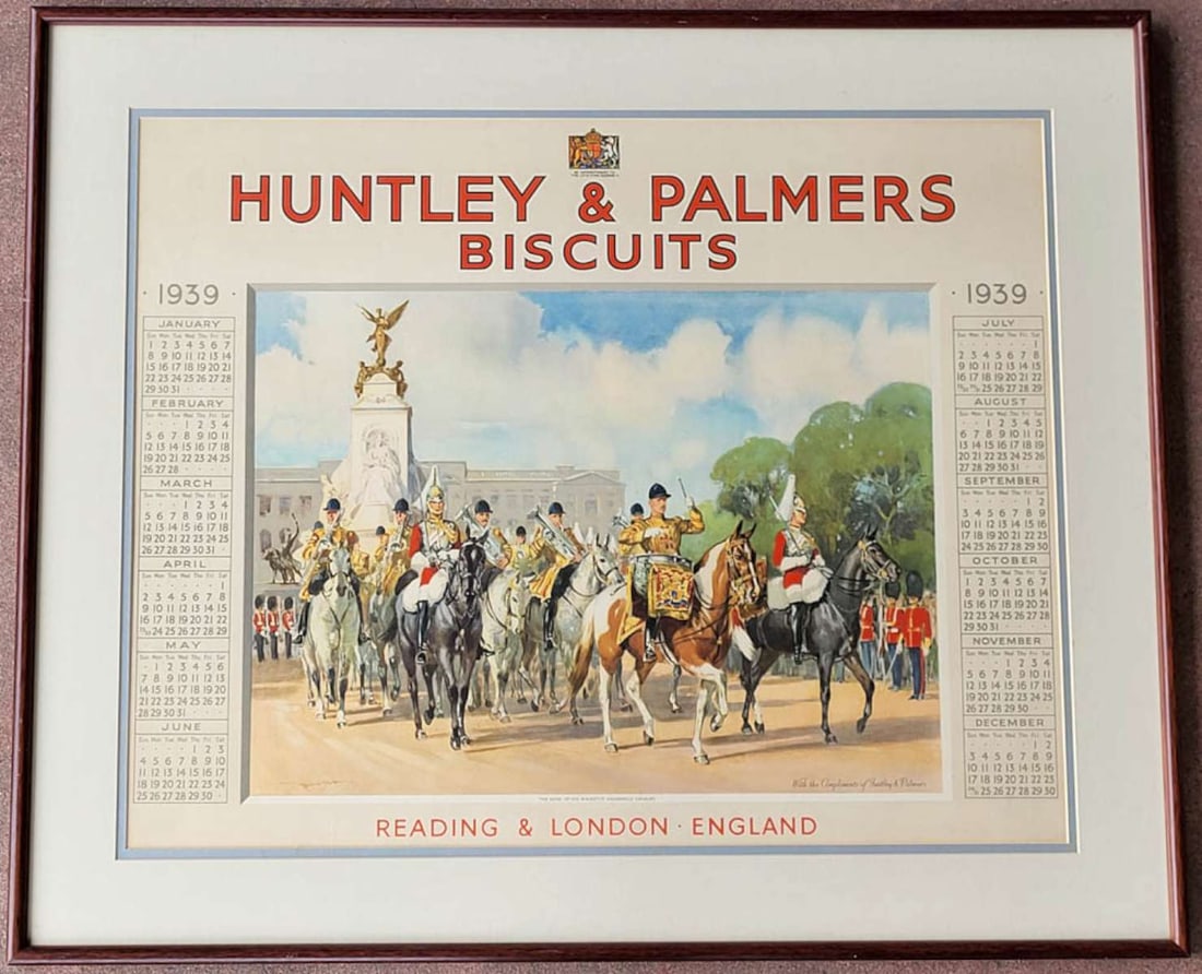 large antique English ad calendar in frame: large double matted vibrantly colored advertisement print in frame for Huntley and Palmer Biscuits Reading and London England By Appointment to The Late King George V for the year 1939 and depicting s