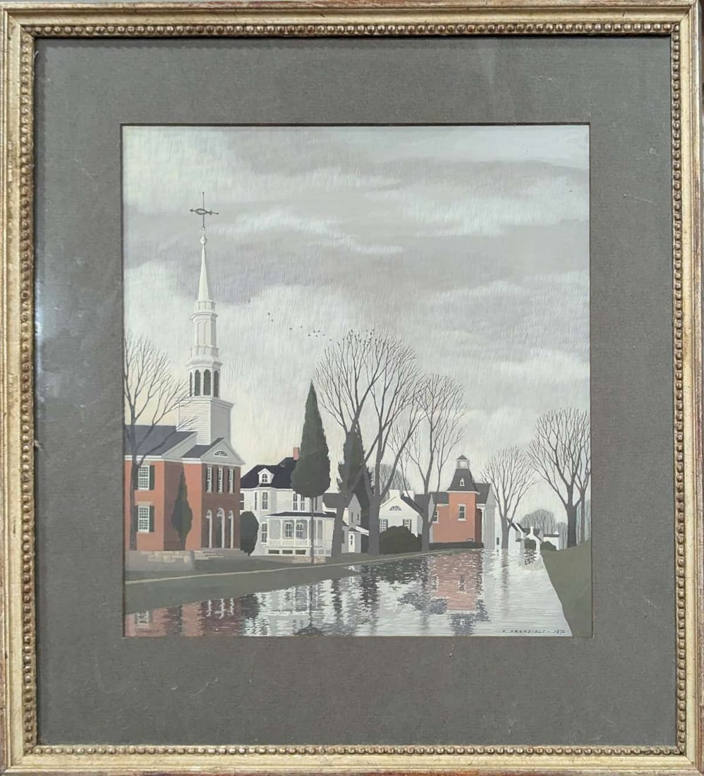 signed Thomas Adrian Fransioli painting in frame: vintage Thomas Adrian Fransioli (1906 to 1997) signed lower right and dated 1972 as shown, original matted watercolor painting in carved wooden gilt frame and depicting a quaint canal or river s