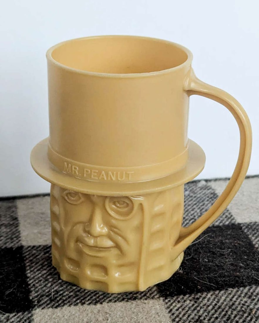 vintage Mr. Peanut cup: vintage ca. 1950's beige plastic Planter's Mr. Peanut handled drinking cup, marked Made in USA as shown