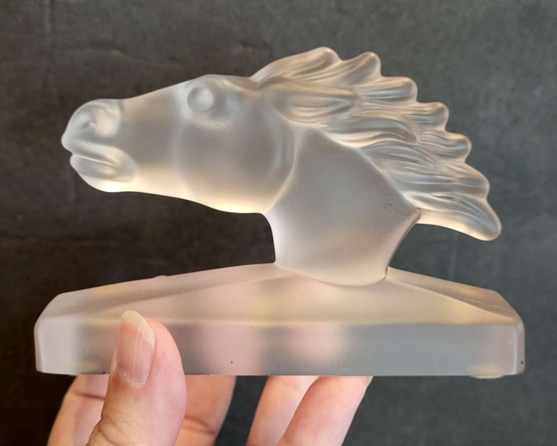 vintage figural glass paperweight by Sevres: vintage frosted paperweight shaped like a (race) horse's head and marked underneath Sevres France as shown