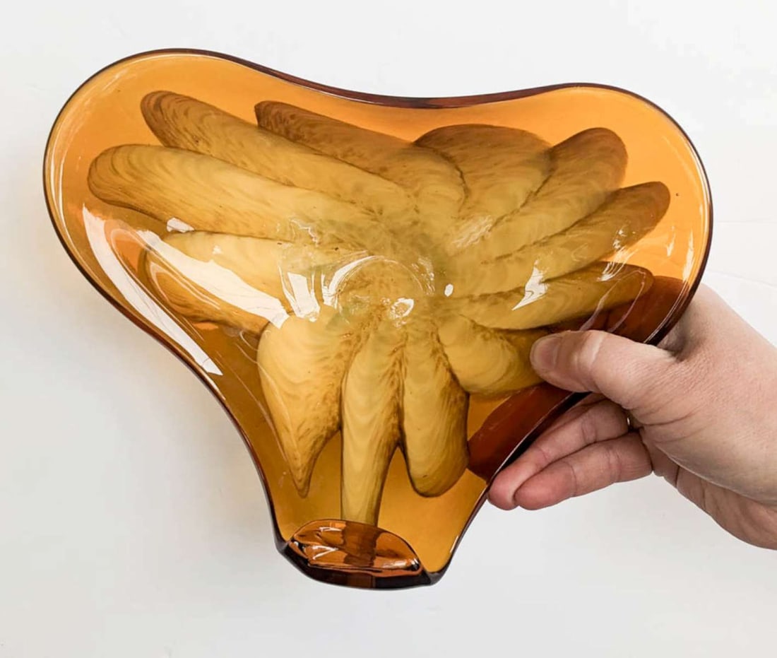 vintage Murano glass bowl: vintage Amber and yellow swirl colored heavy glass dish with rolled rim, unmarked but most likely a Murano piece