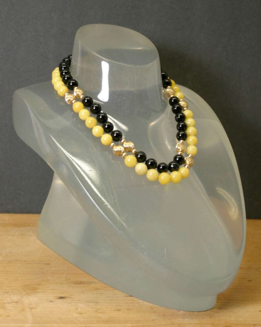 vintage estate jewelry: Jade and Onyx necklace: consignor tells me this necklace is made with black Onyx and yellow mountain Jade (please see all pictures and judge for yourself), double strand beaded necklace with gold toned (possibly gold f