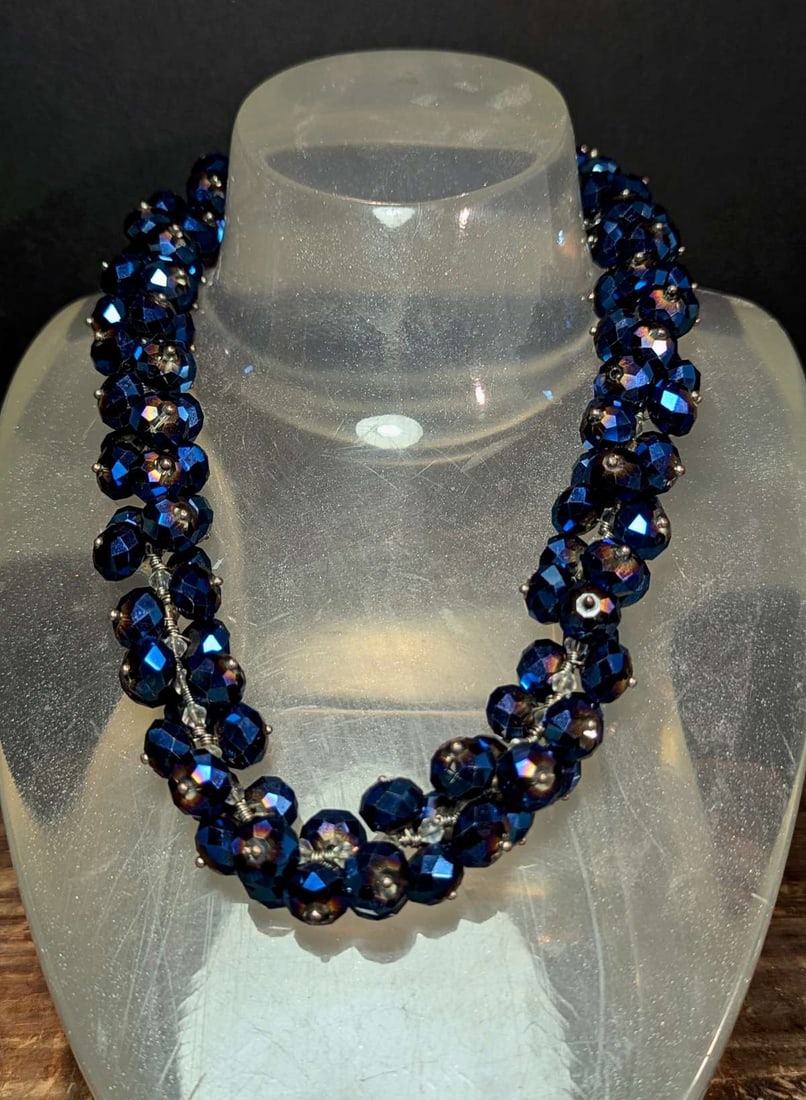 vintage estate jewelry: Aurora Borealis necklace: ca. 1950's MCM or Mid Century Modern chunky adjustable sized necklace with blue, purple, green iridescent cat or faceted Rhein (rhinestone) beads and unmarked, but likely silver