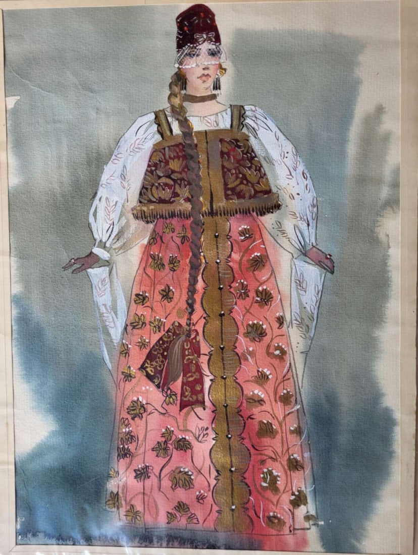 vintage Russian painting of a woman wearing a Sarafan: beautiful and elaborate watercolor painting of a traditional Folk costume worn by a young woman, white poufy blouse with pink, purple and gold colored dress and hat, worn in the Northern and Central r