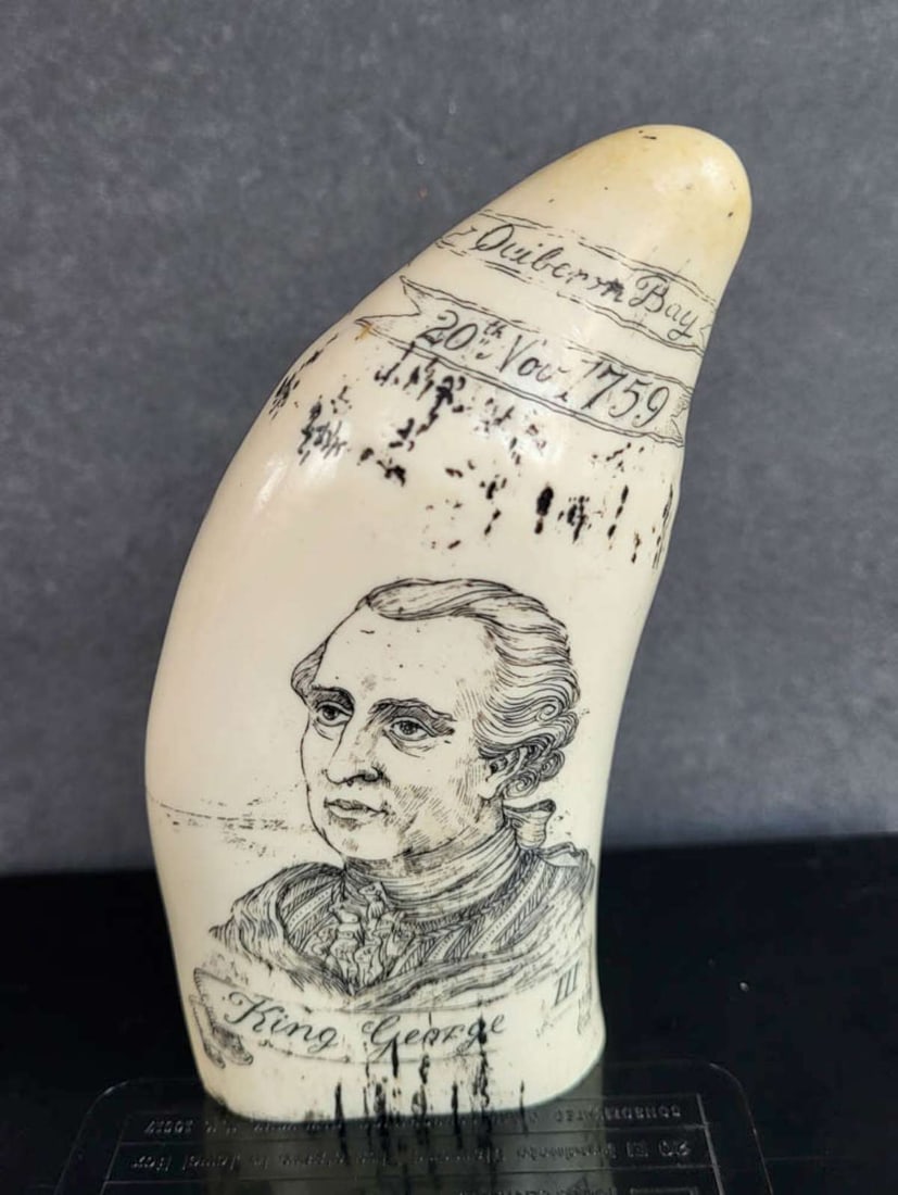 vintage carved faux scrimshaw Battle of Quiberon Bay: vintage celluloid or resin made reproduction of an antique scrimshaw piece, with scenes of the ship The Royal George and King George's win at Quiberon Bay battle of 20th of November 1759Inf