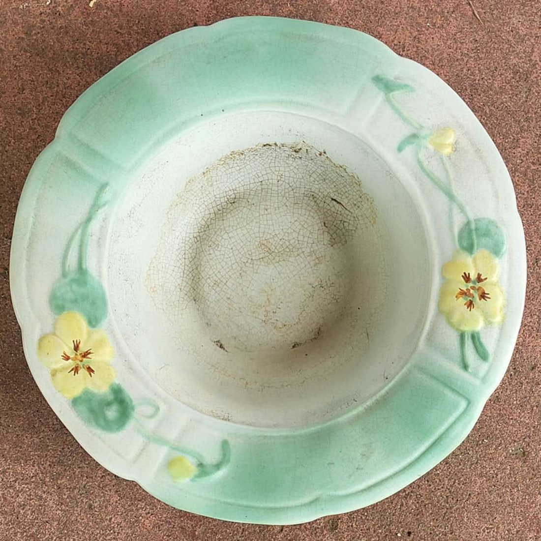 Weller Roba floral pottery bowl: vintage or antique ca. 1930's green leaves and yellow floral or flower design bowl with a wide rim, marked as shown underneath