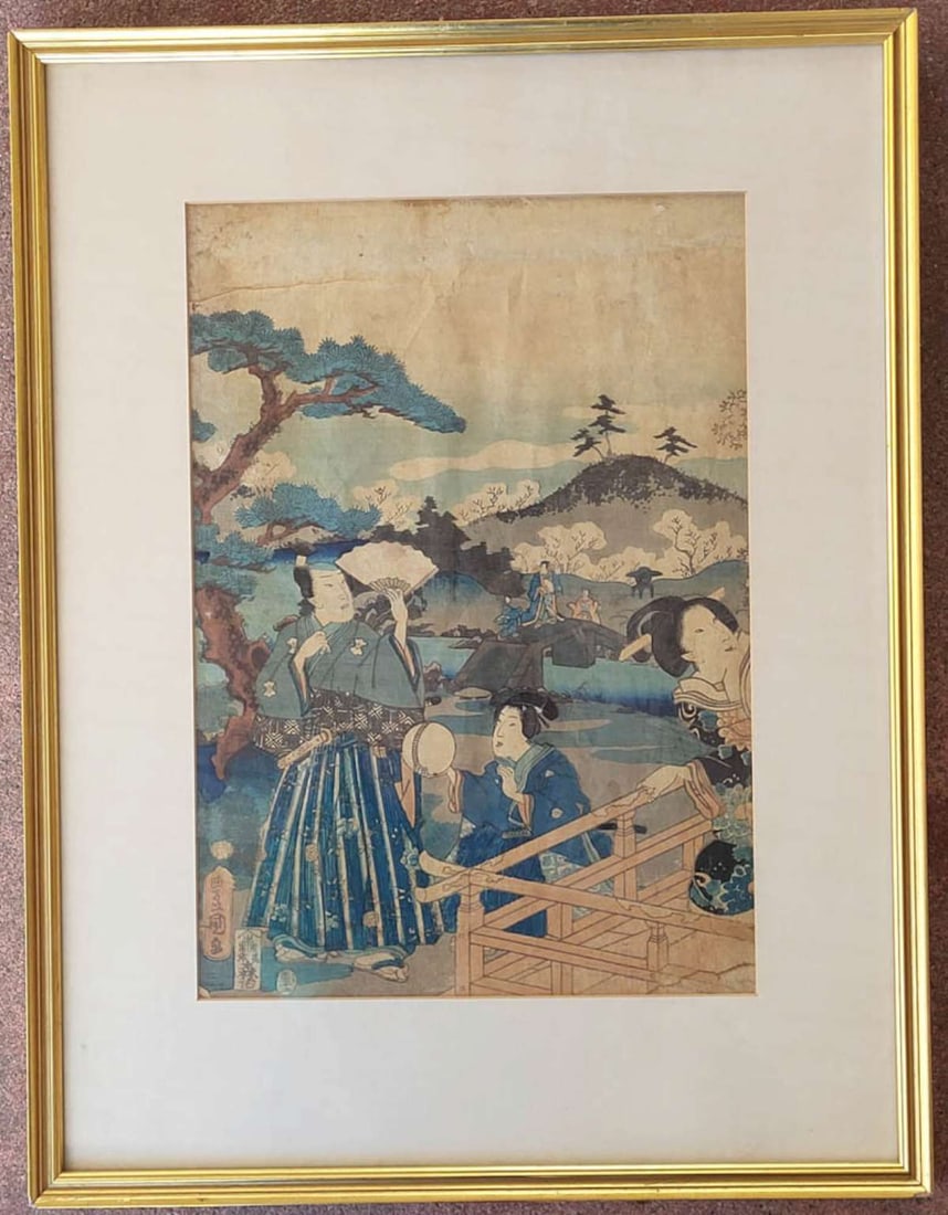 antique artist signed Japanese woodblock: antique 1800's framed and matted Japanese woodblock print with a blue and brown and grey toned colored scene depicting a Warrior or Samurai holding a fan walking with other people around in a