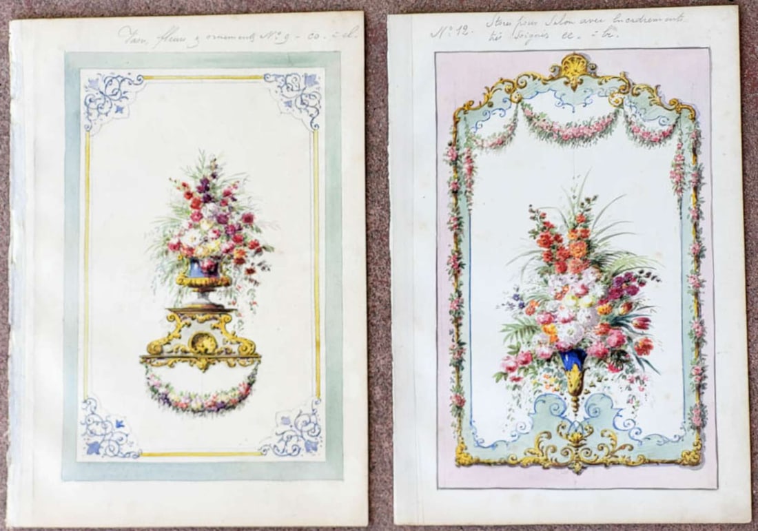 PAIR antique French paintings of wall or mural design: lot or set of two antique (ca. mid-1700's to early 1800's style) vibrantly colored watercolor illustration paintings on paper, each with pencil written text in French explaining what