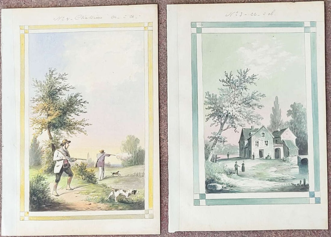 PAIR antique French paintings of wall or mural design: lot or set of two antique (ca. mid-1700's to early 1800's style) vibrantly colored watercolor illustration paintings on paper, each with pencil written text in French explaining what t