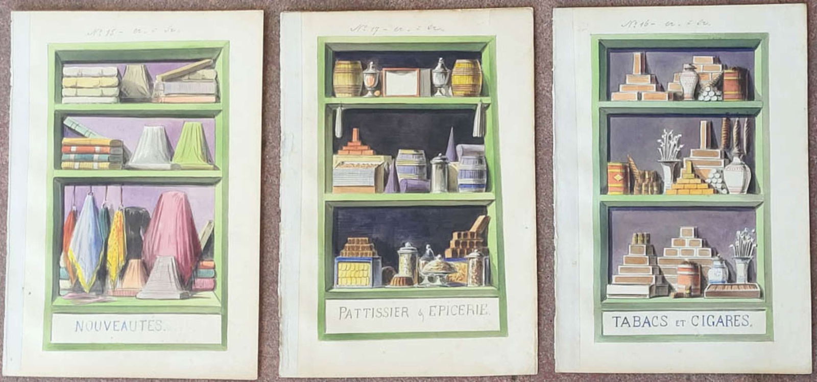 set of THREE antique French paintings of wall or mural design (1 of 14)