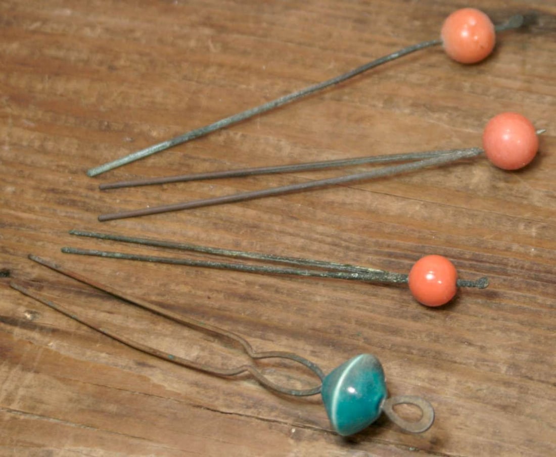 set of antique Japanese Kanzashi hairpins: lot of 4 antique bronze Geisha kimono accessory hair stick pins, 4 with coral colored tops and one with a blue one