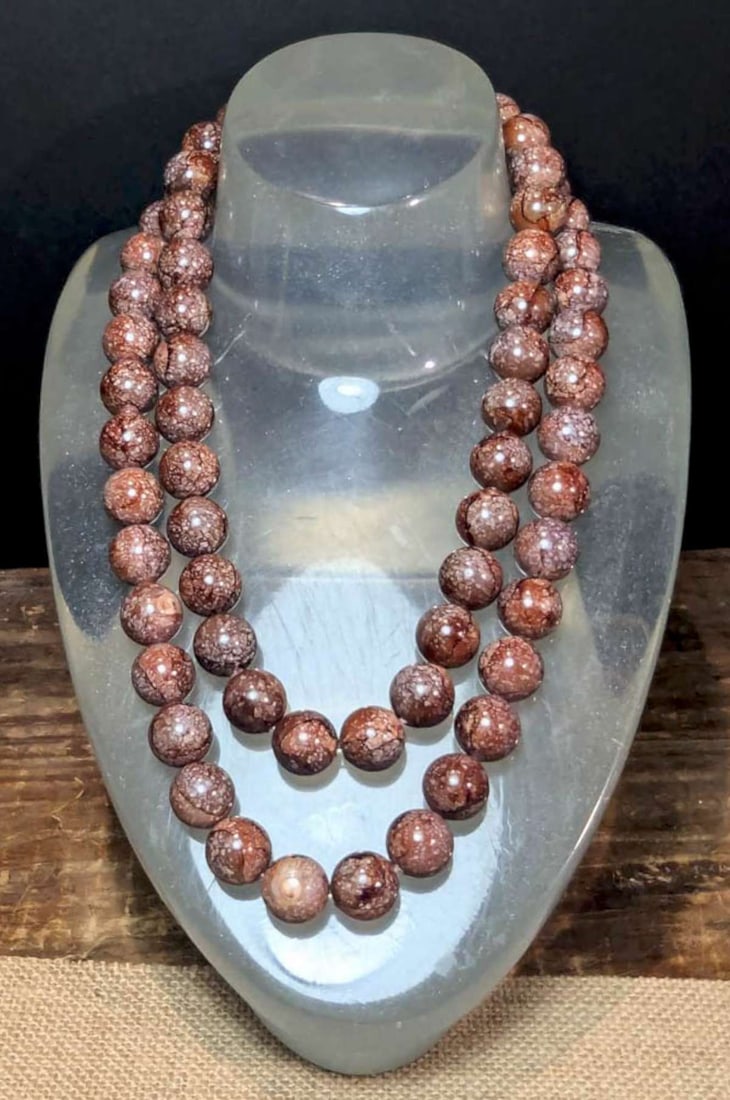 vintage estate jewelry: Jasper chunky necklace: vintage gold toned clasp with double stranded Jasper-look fat or chunky round beads, not as heavy as expected, so not sure if they are stone or some sort of pottery.........either way what