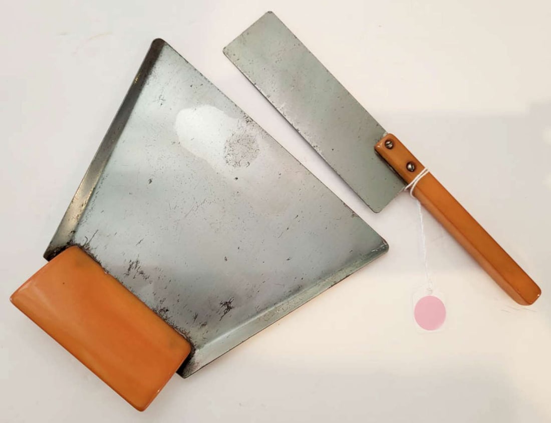 vintage Bakelite crumb tray: vintage or antique Art Deco period table crumb tray and sweep, each with Butterscotch Bakelite handle as shown