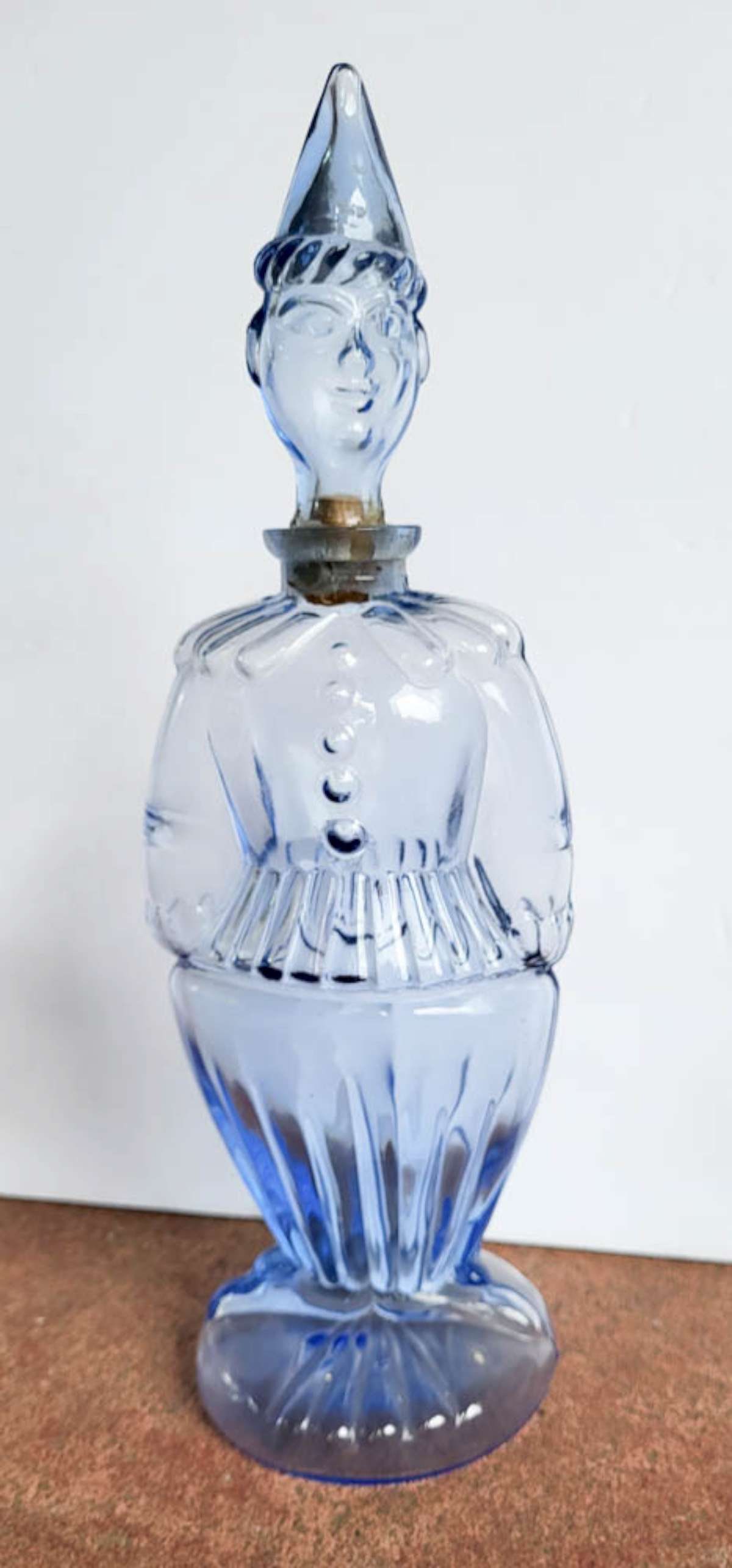 vintage MCM blue glass harlequin bottle: vintage Mid Century Modern blue glass bottle with an Elf or Clown shape and the stopper is the head, marked Made in France but I've seen these bottles online and they were listed as being f