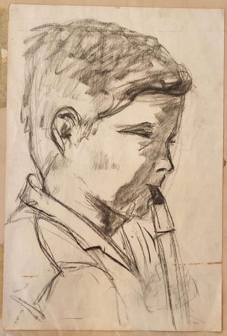 vintage portrait drawing of a boy playing a musical instrument: unsigned vintage pencil or gouache sketch of a boy practicing playing a clarinet or other instrument