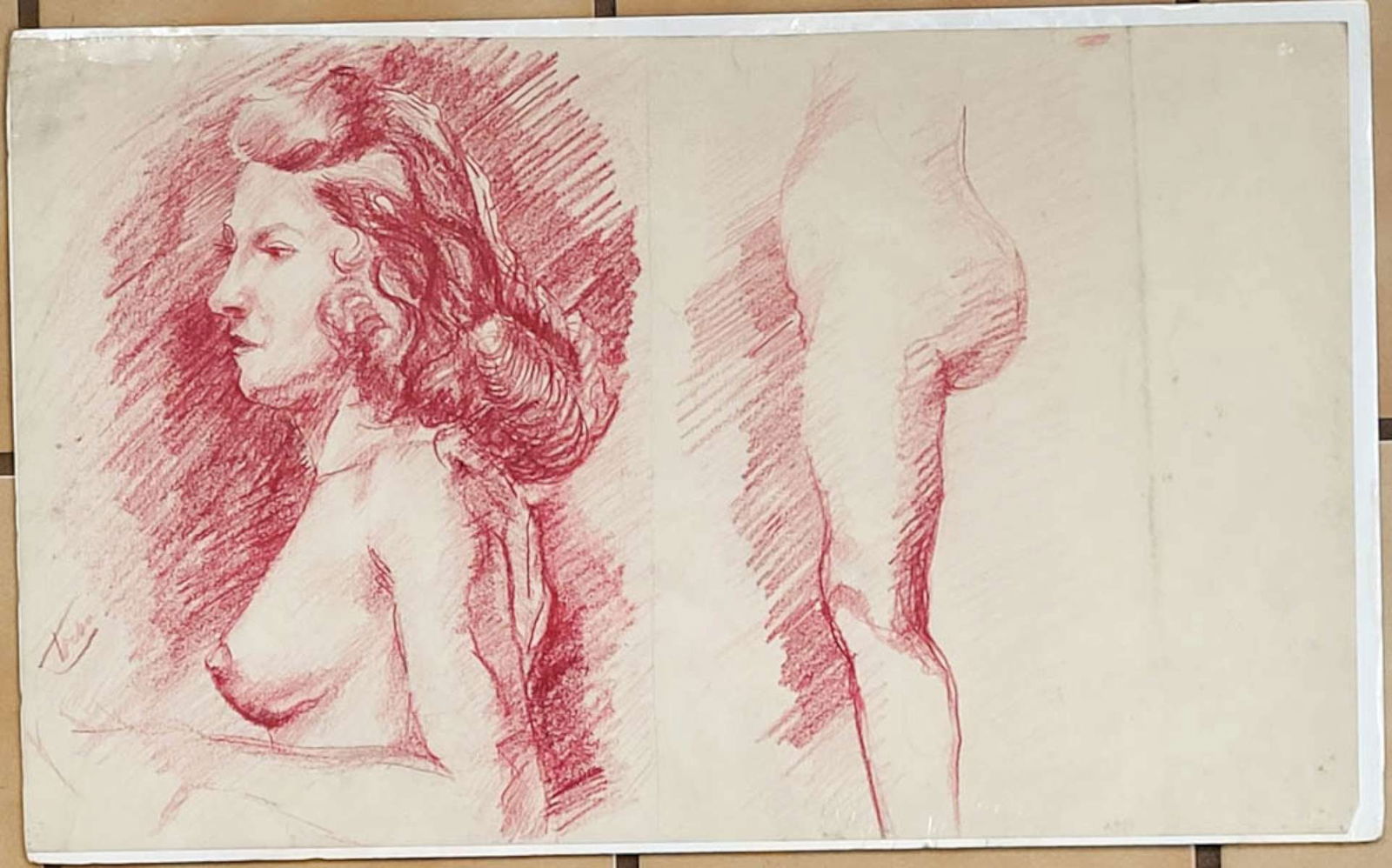 vintage original nude portrait drawing: vintage gouache on paper study of a nude woman (hairstyle suggests maybe from the 1950's?) and signed illegible center left as shown (Trebu or Treba?)