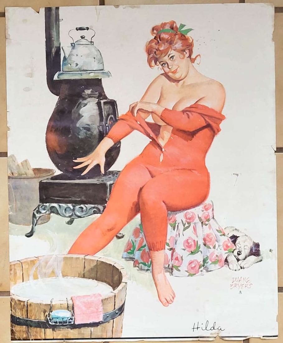 large vintage Duane Bryers print of Hilda: large scale vintage print copyrighted Bob of a design after Duane Bryers' plump or "zaftig" model Hilda, depicting her undressing to take a bath by an antique stove and her dog na
