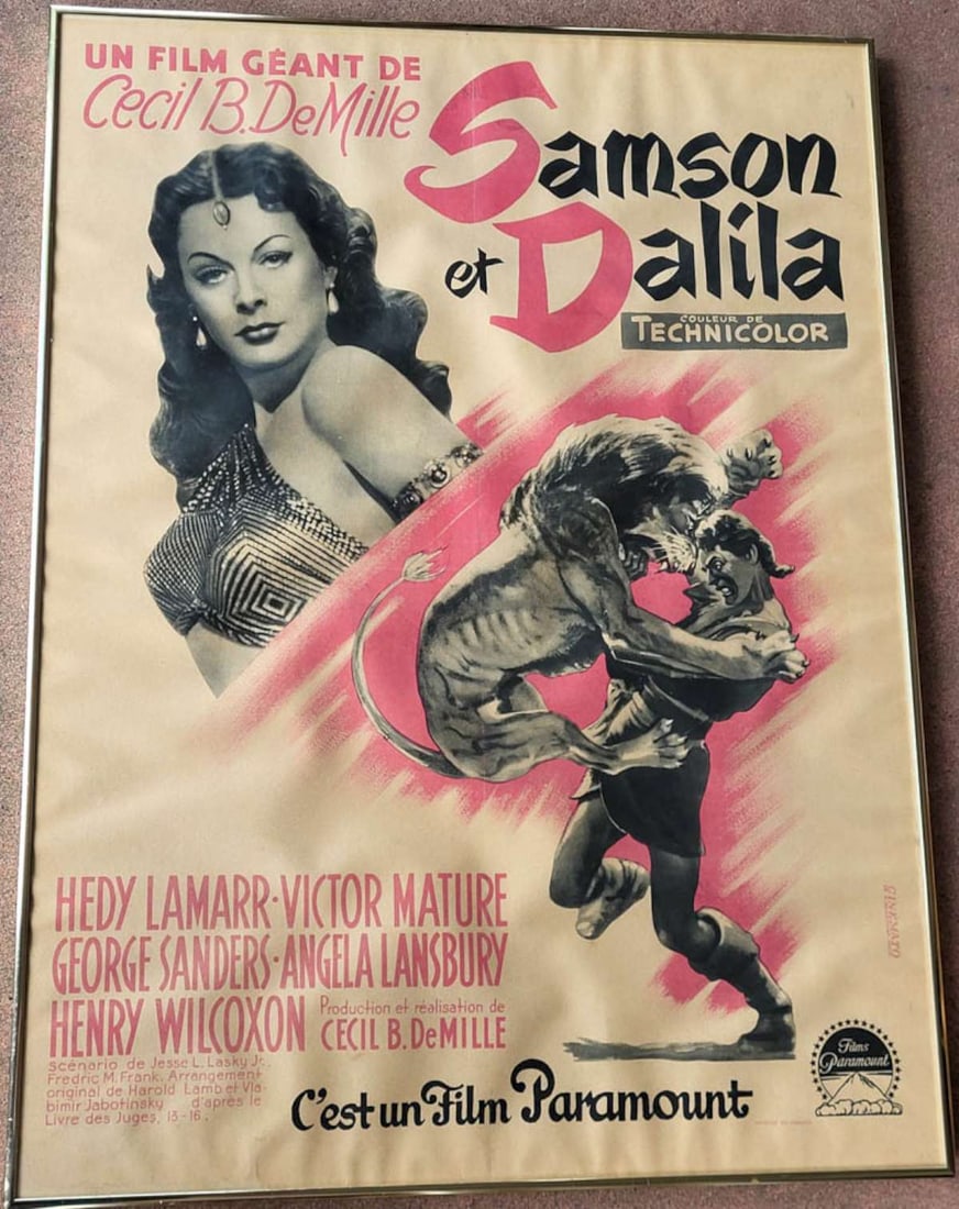 RARE French framed movie poster Samson and Dalila: RARE original large 1949 movie poster in a gold toned frame in black, grey and pink colors depicting a Cecil B. DeMille movie with actors Hedy Lamarr, Victor Mature, George Sanders&c