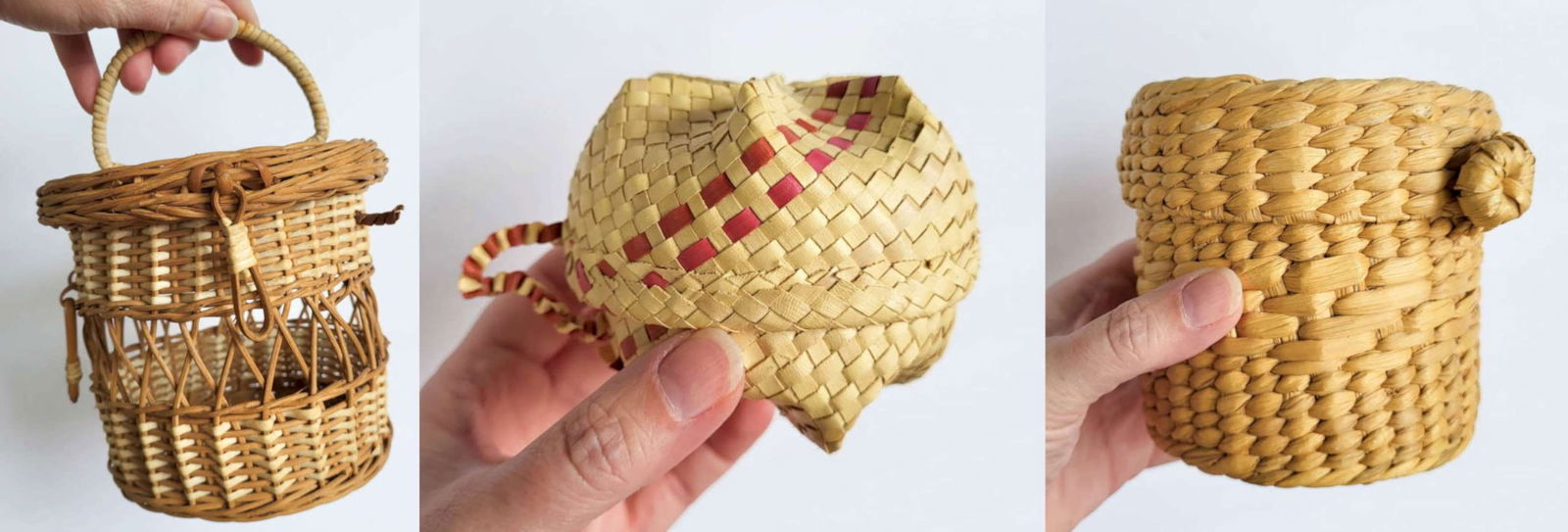 THREE vintage ethnic woven miniature baskets: not sure if these are Indian or Native American made, first is a woven wicker lidded and handled basket or carrier with open work or pierced center design, second a vintage woven rattan co