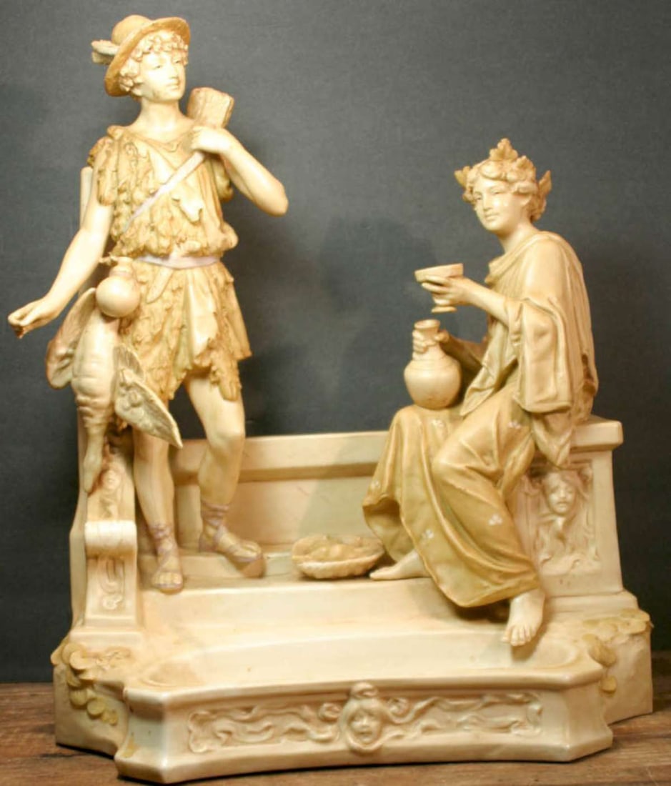 antique Royal Dux table or vanity mirror: we have never seen this particular vanity mirror (or is it a frameless picture frame?) before, large and heavy impressive Royal Dux porcelain piece, depicting a man in shepherd's or h