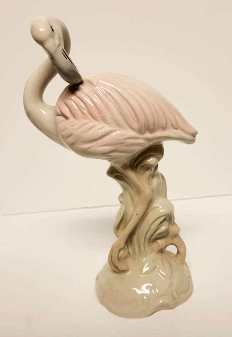 vintage Royal Dux Flamingo figural statue: marked as shown underneath Royal Dux Czechoslovakia and numbered 387 with pink triangle mark, beautiful statue shaped like a preening Flamingo bird standing in reeds