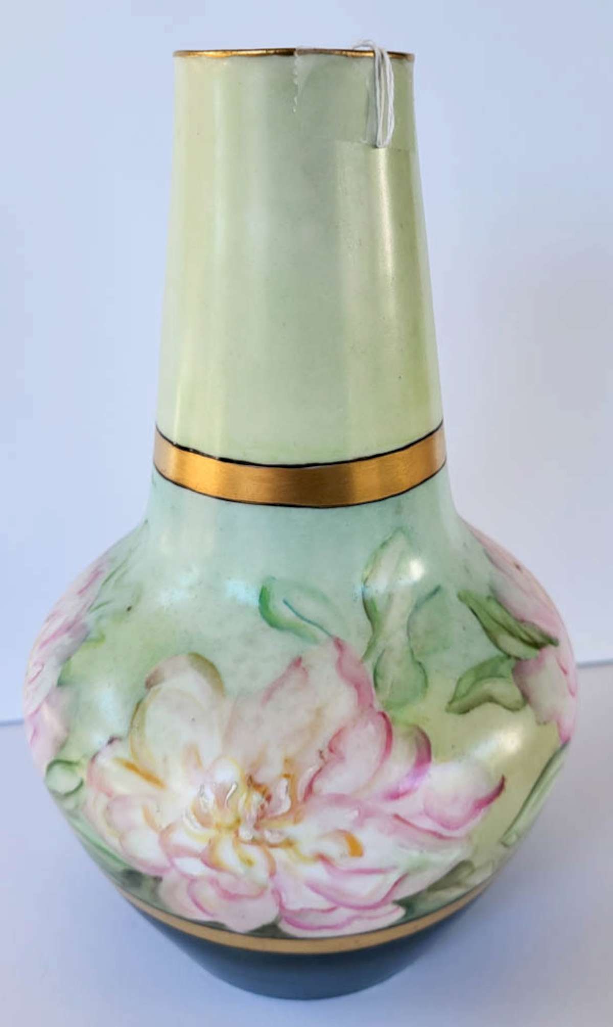 vintage hand painted porcelain vase: vintage or antique bulbous shaped porcelain vase with illegible stamped mark underneath (Japanese, French, German, Bohemian??) and artist's name of K. Ploppert as shown, p