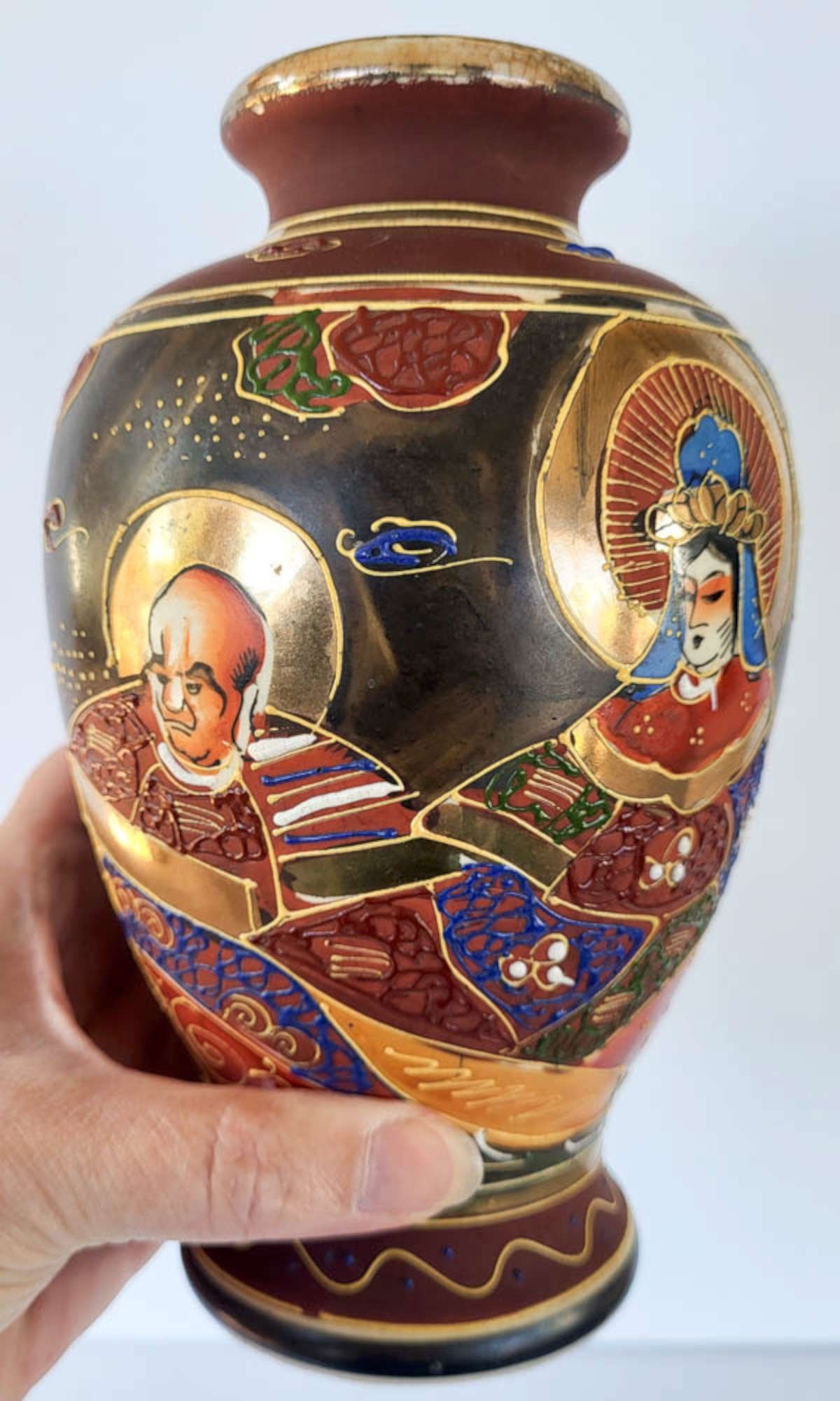 vintage Japanese Satsuma style vase: vintage or antique vase marked Made in Japan as shown, possibly a Moriage piece by Moriyama and with raised hand applied gilt and multicolored design featuring a man and a woman with a waterfall