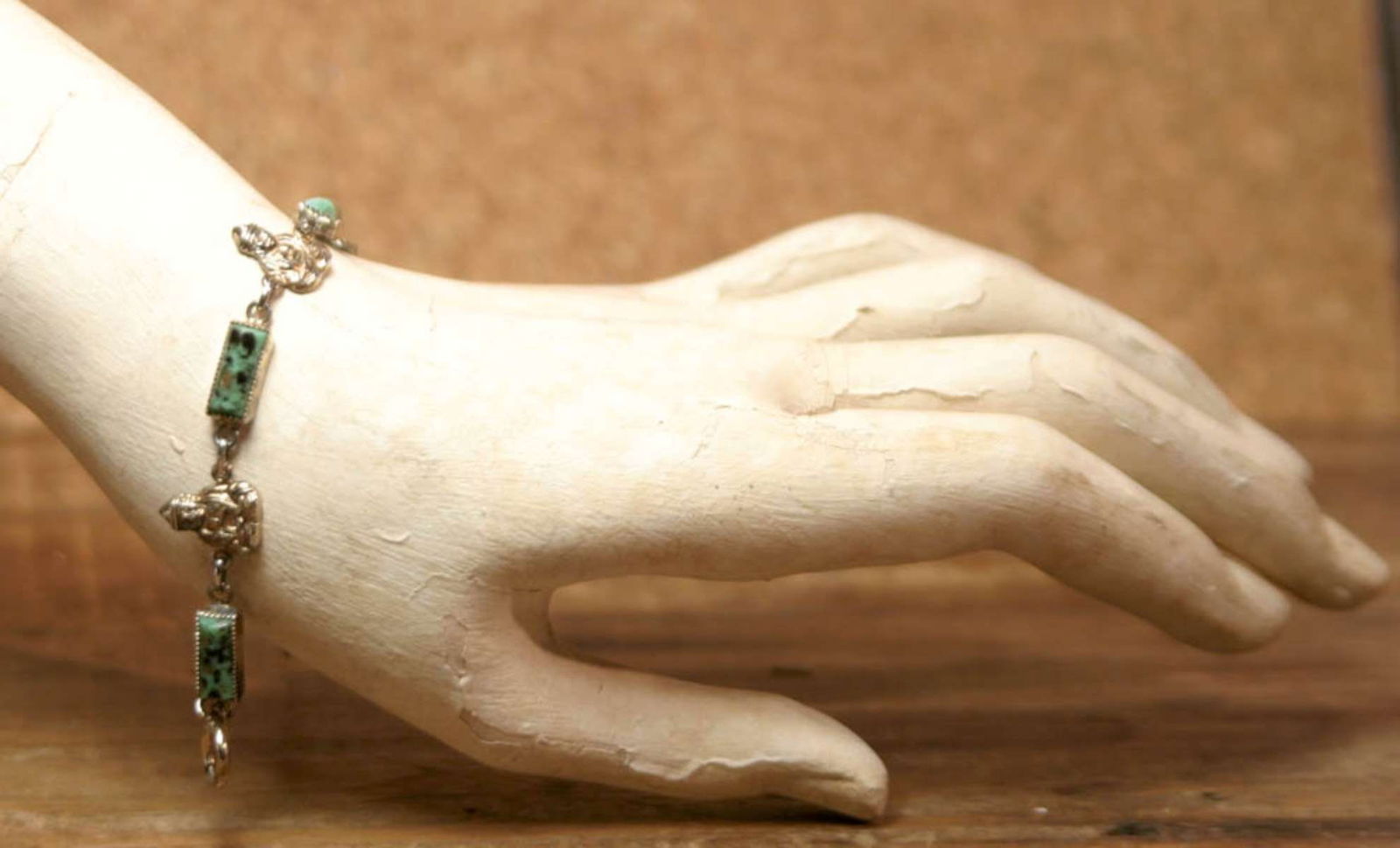 vintage estate jewelry: Buddha bracelet: marked AMCO Sterling, as shown, silver with gold filled Buddha bracelet with green Turquoise (or possibly Peking glass?) alternating piecesabout 7" long