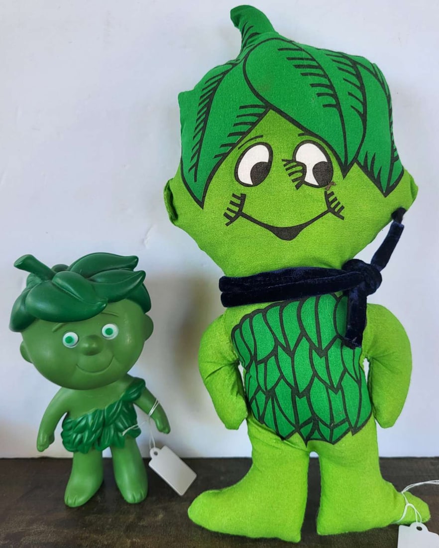 pair vintage Green Giant dolls: set or lot of two Sprout dolls, one a plastic model and one a cloth or fabric stuffed model