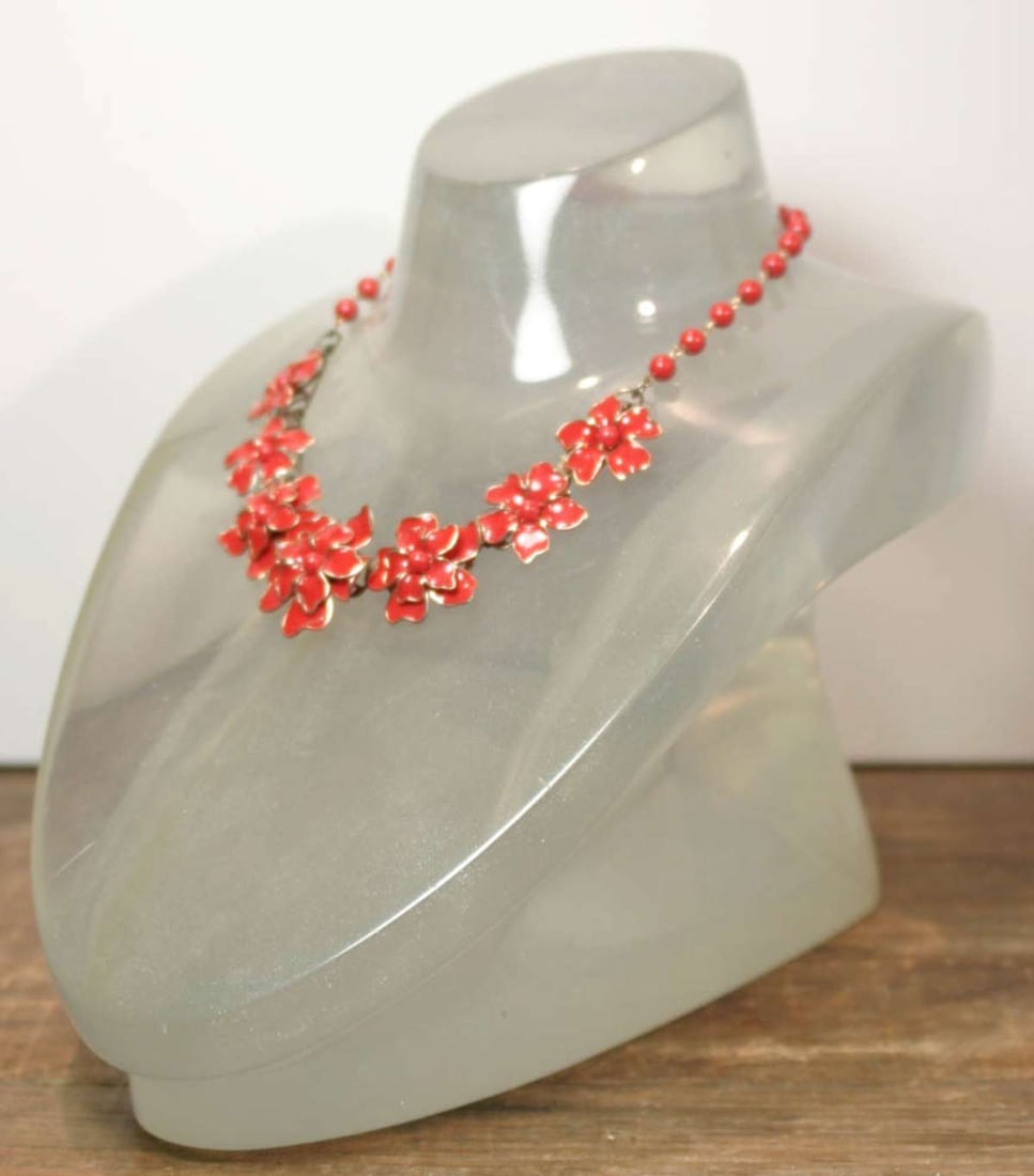 vintage estate jewelry: floral necklace: cute retro enameled metal red flower and round beads adjustable length necklace, no maker's mark